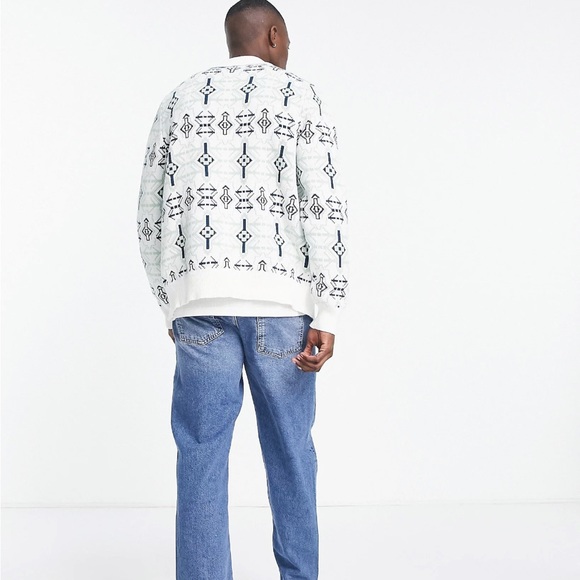 Topman geometric knitted zip through polo in ecru and blue - Picture 3 of 4